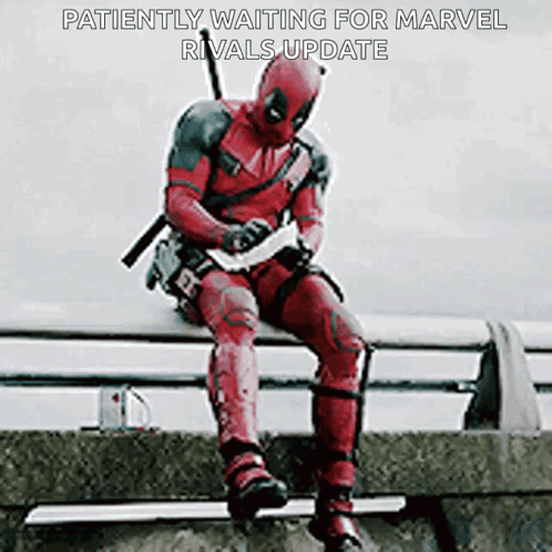 Deadpool Is Sitting On A Bench Waiting For A Rivals Update . GIF