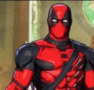 Deadpool Is Wearing A Red And Black Superhero Costume And Holding A Sword . GIF