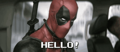 deadpool says hello while holding a sword behind his back