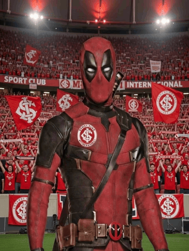 Deadpool Standing In Front Of Stadium Full Of Fans GIF