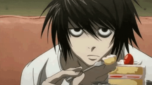 Death Note L Is Eating A Piece Of Cake With A Fork . GIF