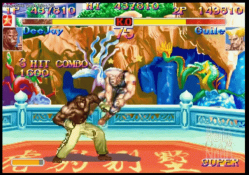 Deejay And Guile Are Fighting In A Video Game That Says 3 Hit Combo 1600 On The Screen GIF