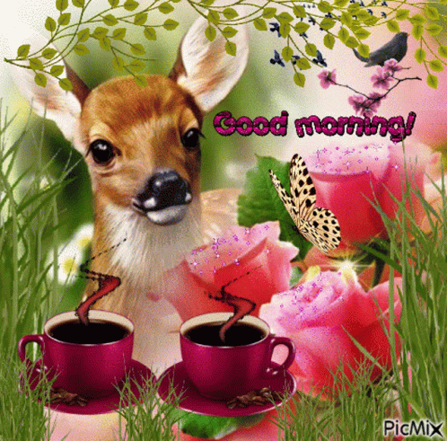 Deer With Two Cups Of Coffee Saying Good Morning GIF