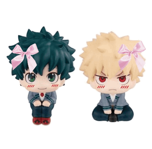 Deku And Bakugo From My Hero Academia Are Sitting Next To Each Other With Bows On Their Heads . GIF