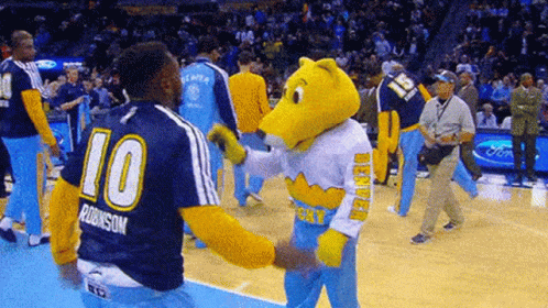 Denver Mascot Shaking Hands With Basketball Player GIF