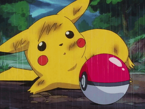 Depressed Pikachu Lying Beside Pokeball GIF