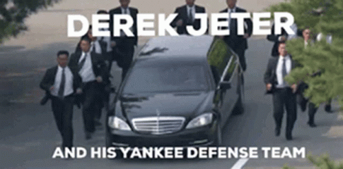 Derek Jeter And His Yankee Defense Team Are Running Towards A Black Car GIF