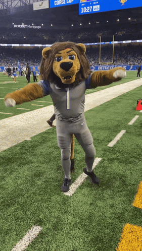 Detroit Lions Mascot Standing On Football Field GIF