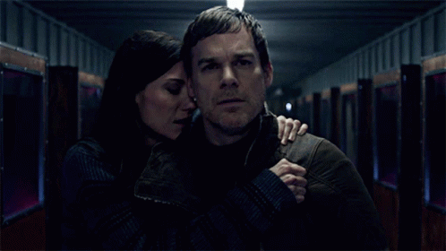 Startled Debra Hugging Dexter Morgan GIF