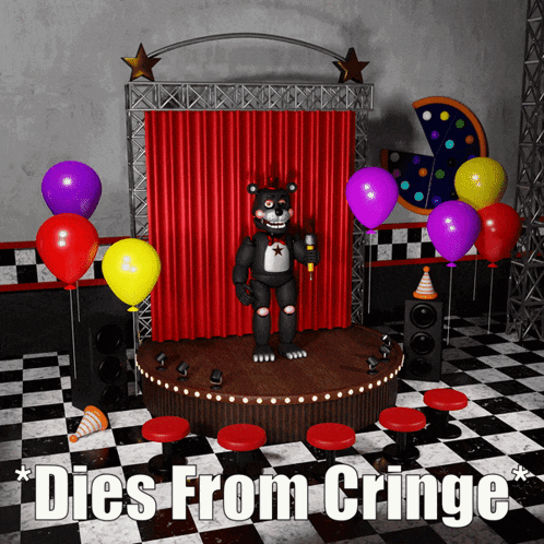 Dies From Cringe Poster With Teddy Bear On Stage GIF