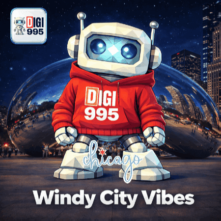 Digi 995 Chicago Windy City Vibes Poster With A Robot On It GIF