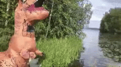 Dinosaur Costume Back Flip GIF
