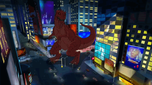 Dinosaur in City with T. Rex Sign