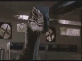 Dinosaur In Room With Fans GIF