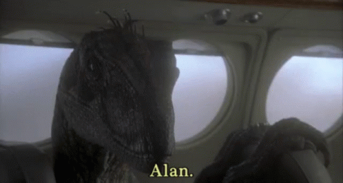 Dinosaur Looking Out Of Plane Window Saying Alan GIF