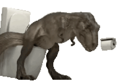 Dinosaur Sitting on Toilet Looking at Toilet Paper