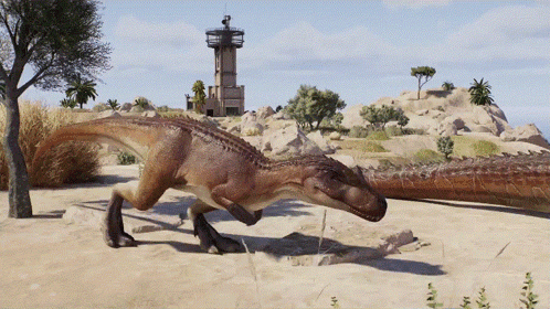 Dinosaur Walking In Sand With Tower GIF
