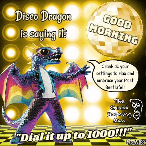 Disco Dragon Saying Good Morning With Disco Ball GIF