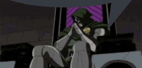 Doctor Doom Is Sitting On A Throne With His Hands Folded In Prayer . GIF