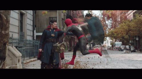 Doctor Strange And Spider-Man Are Standing On A Street GIF