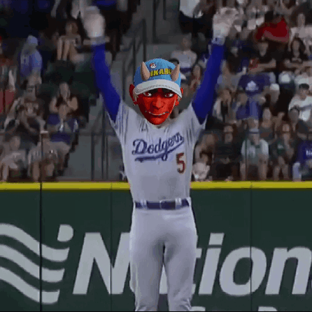 Dodgers Baseball Player in Devil Mask Raising Arms