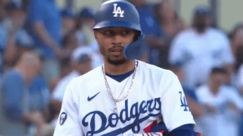 Dodgers Baseball Player Wearing Helmet and Necklace