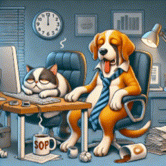 Dog and Cat at Desk with Cup Saying Sopd