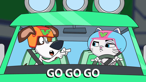 Dog And Cat In A Car Saying Go Go Go GIF