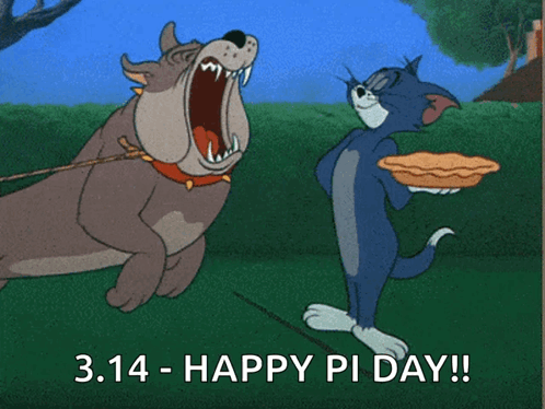 Dog Biting Cat Holding Happy Pi Day Pie GIF