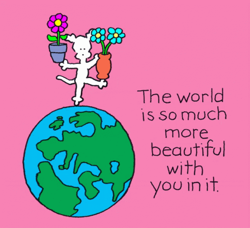 Dog Holding Flowers Globe Saying World More Beautiful With You GIF