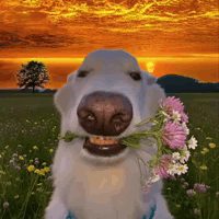 Dog Holding Flowers In Mouth Smiling GIF