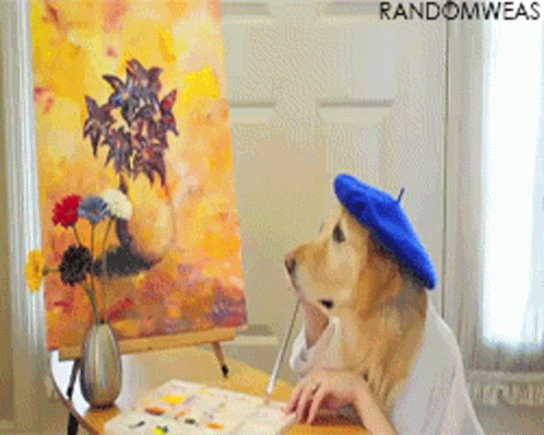 Dog in Blue Beret Painting Flowers