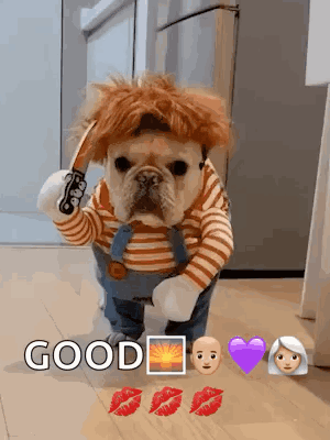 Dog In Chucky Costume Holding Knife GIF