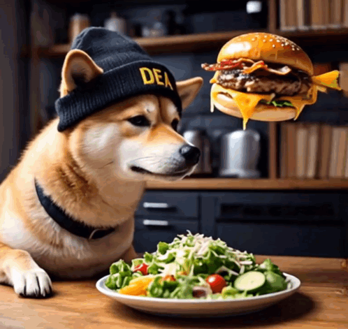 Dog in DEA Hat Looking at Hamburger