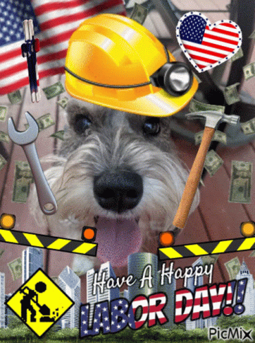 Dog in Hard Hat Holding Hammer Have a Happy Labor Day
