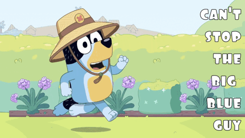 Dog in Hat and Sunglasses Saying Can't Stop the Big Blue Guy