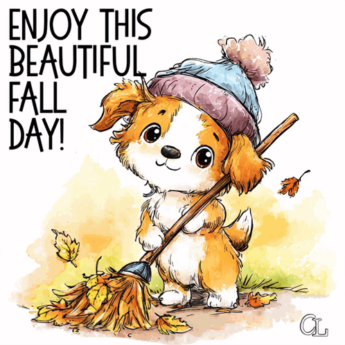 Dog in Hat Holding Broom Enjoy Fall Day