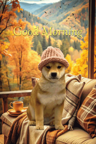 Dog in Knitted Hat on Couch Saying Good Morning