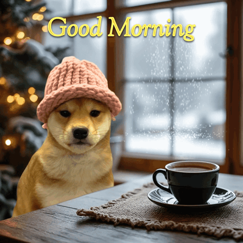 Dog In Knitted Hat With Coffee Saying Good Morning GIF