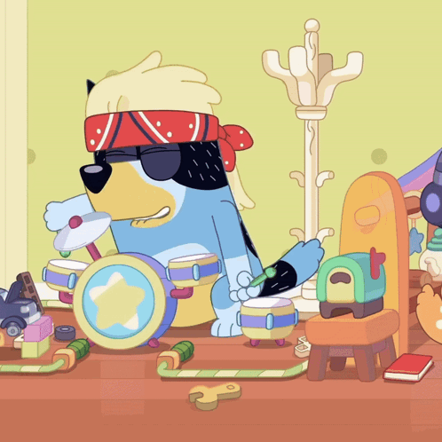Dog in Sunglasses and Bandana Playing Drums