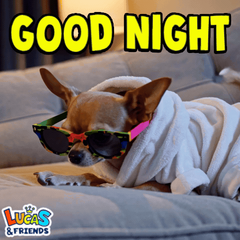 Dog in Sunglasses and Bathrobe Good Night