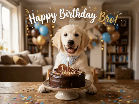 Dog Sitting At Table With Birthday Cake Saying Bro GIF