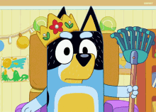 Dog Wearing Crown Holding Mop