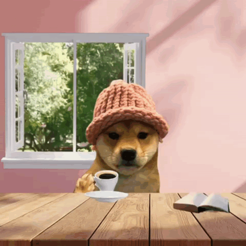Dog Wearing Hat Holding Cup of Coffee