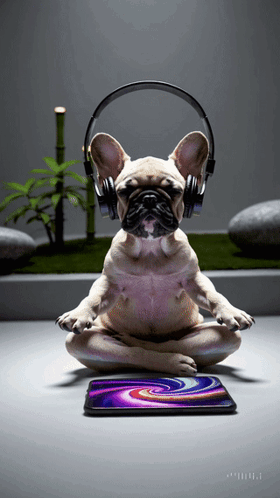 Dog Wearing Headphones Sitting Cross-Legged