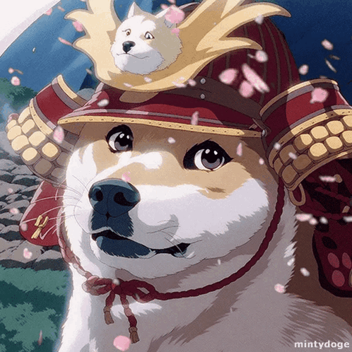 Dog Wearing Samurai Helmet and Armor