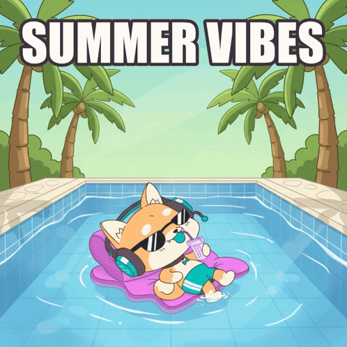 Dog With Headphones Floating in Pool Summer Vibes