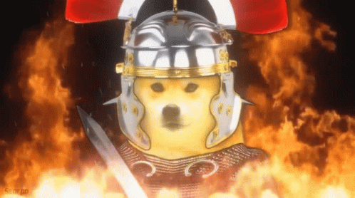 Dog With Helmet Holding Sword in Front of Fire