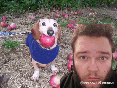Dog With Red Apple Beside Bearded Man