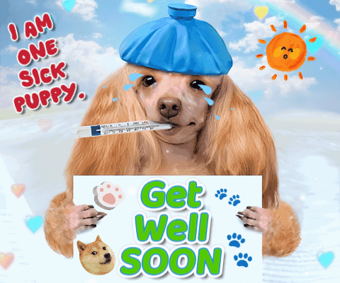 Dog With Thermometer Holding Get Well Soon Sign
